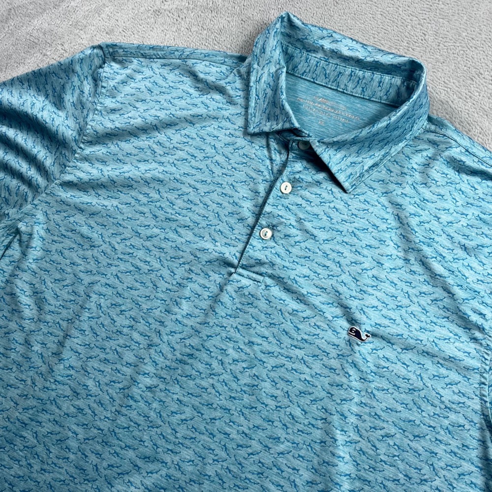 Vineyard Vines Mens XL On-The-Go Sankaty Polo Shirt Blue Shark Print Performance